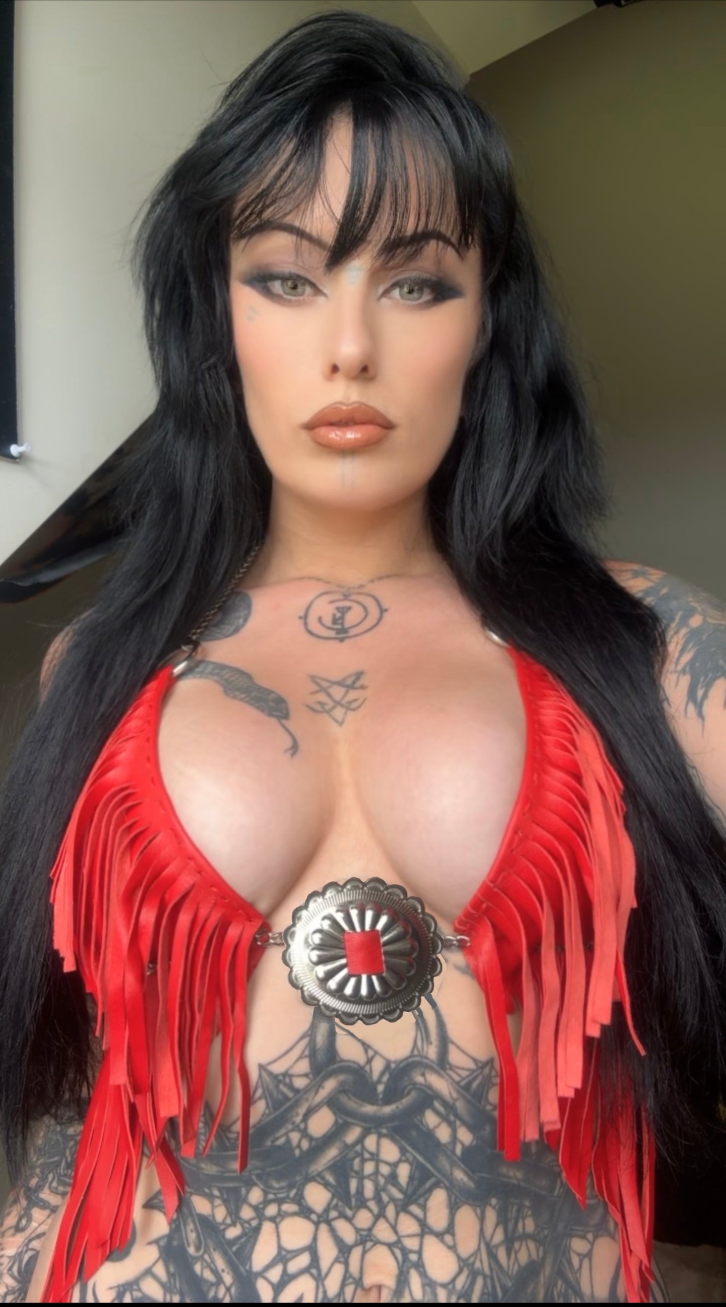 Red leather double fringe halter